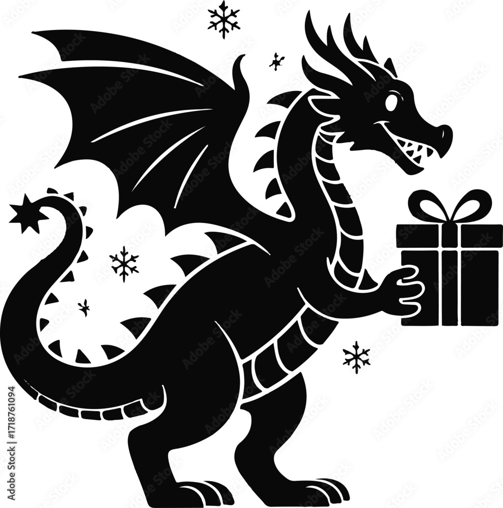 Fototapeta premium : Christmas dragon with gift silhouette vector