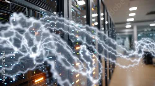 Server racks with lightning effect in a data center showing power and information transfer process