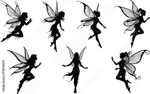 Fairy silhouette collection, magical fantasy illustration, flying fairies with wings, enchanted mythical sprite artwork, fantasy character design, mystical woodland spirit
