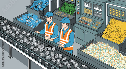 Recycling plant workers sorting aluminum cans on conveyor system industry waste management sustainability eco