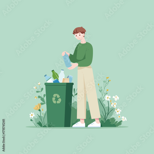 
A flat vector illustration of an animated person wearing casual , throwing away plastic bottles into the recycling bin. The background is green, and there is no text in it.