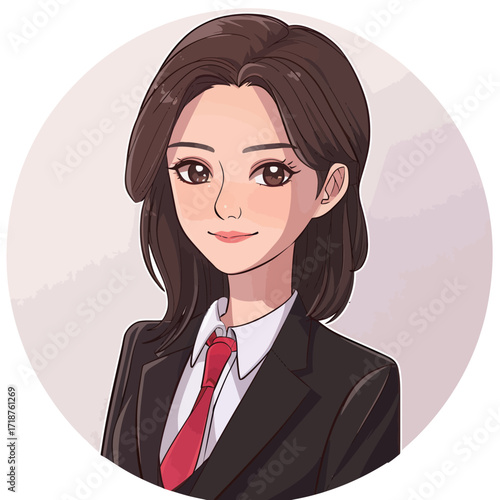 A confident young woman is dressed in a black suit with a red tie. She has long hair and is smiling, showcasing a professional appearance and demeanor.