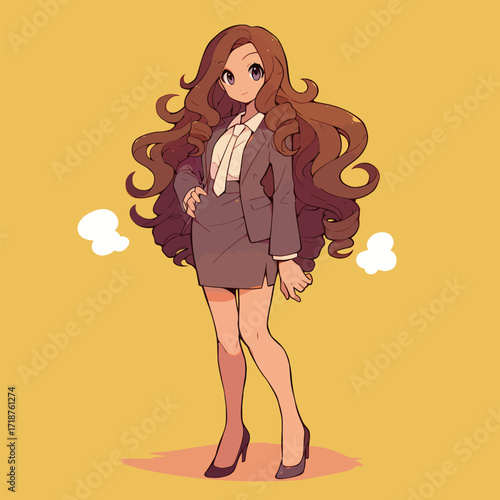 A character with long, flowing hair is dressed in a smart business suit and high heels. She stands confidently against a bright yellow backdrop, exuding poise.