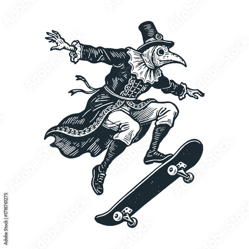Plague doctor play skateboarding - black and white vector illustration.