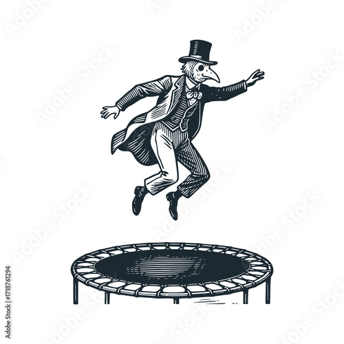 Plague doctor jumping on a trampoline - black and white vector illustration.
