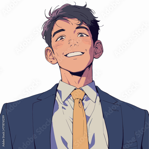 A young man dressed in formal attire stands with a cheerful expression, exuding happiness and confidence.