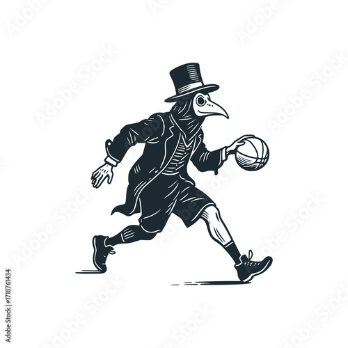 Medieval Plague Doctor playing basketball