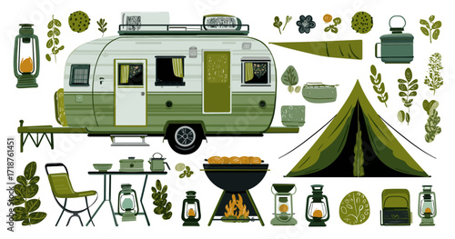 
A vector clipart illustration in a flat design, depicting a cute camping set with a green color scheme.
