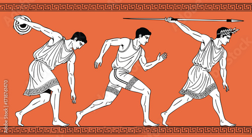 Ancient Greek Olympic athletes competing sports terracotta illustration discus javelin running historical antiquity mythology competition vector minimal graphic