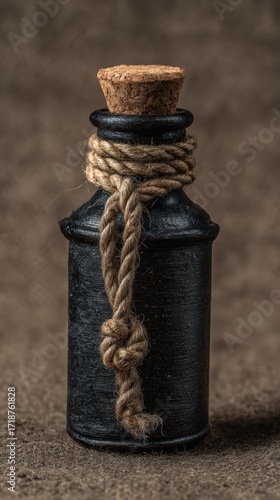 An old black potion bottle secured with twine and a cork stopper sits against a textured brown background, suggesting alchemy or apothecary.