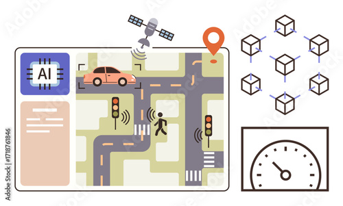 AI chip, traffic map, satellite, car, pedestrian sensors, traffic signals, blockchain network speedometer. Ideal for AI smart city traffic management autonomy IoT blockchain innovation. Simple