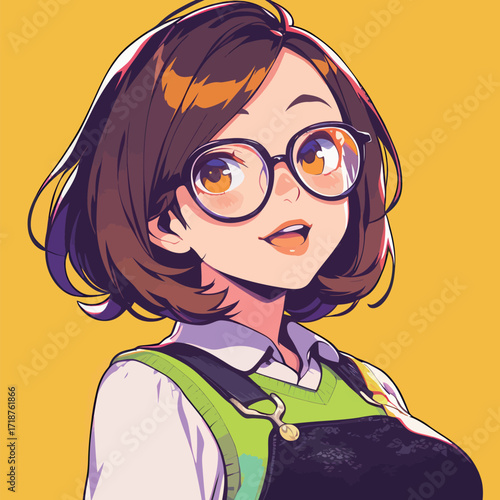 A young woman with short brown hair and glasses smiles brightly. She wears a green top over a white shirt and stands before a vivid yellow backdrop, exuding joy.