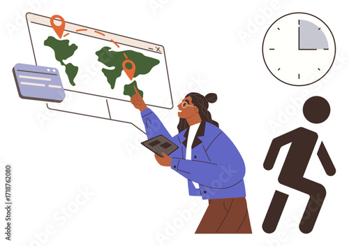 Person interacting with global map featuring route and location pins, digital tablet in hand, clock symbolizing time, stylized figure moving. Ideal for travel, logistics, navigation, remote work
