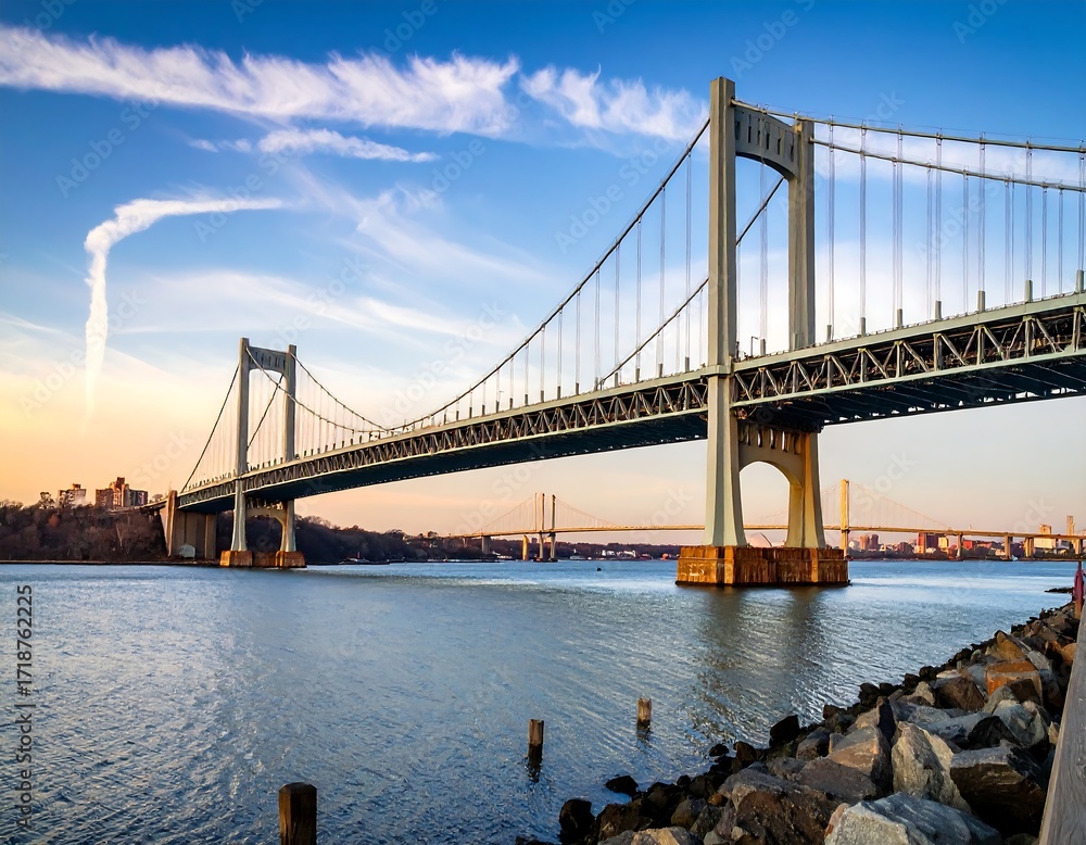 Naklejka premium A majestic cable-stayed bridge spans a tranquil waterway at sunset