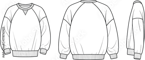 Crewneck sweatshirt front, back, side technical fashion flat sketch, unisex casual pullover, long sleeve sweater, comfortable apparel, streetwear clothing design