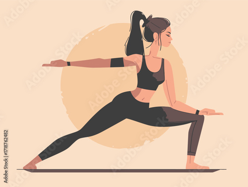 A woman performs a yoga pose with focus and grace, showcasing strength and balance in her athletic attire. The soft background enhances a peaceful atmosphere.