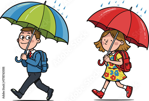 Happy school children walking in rain, boy and girl carrying colorful umbrellas, cartoon kids illustration, rainy season, backpack, student lifestyle
