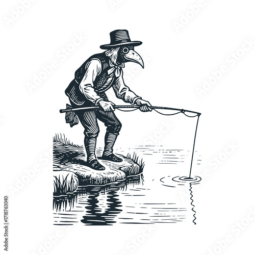 Medieval Plague Doctor as fisher