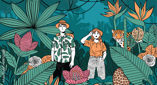 Young couple discovering a colorful vibrant tropical jungle illustration adventure exploration wildlife nature flat vector character safari exotic