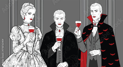 Elegant gothic vampires holding blood drinks Halloween party vampire dracula spooky horror vector red black