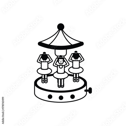 A blackandwhite drawing of a ballerina music box with a small tent top and ballerinas posed with their arms up. Icon vector illustration