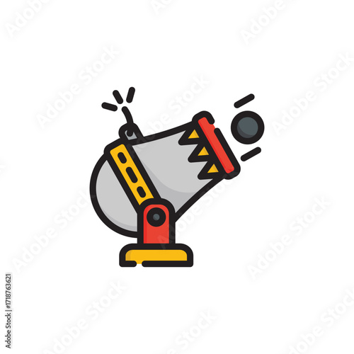 A cartoon cannon fires a cannonball with a lit fuse. Icon vector illustration