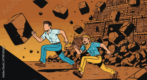Explorers desperately run from crumbling Mayan temple disaster Escape Fear Danger Action Urgency Illustration Panic