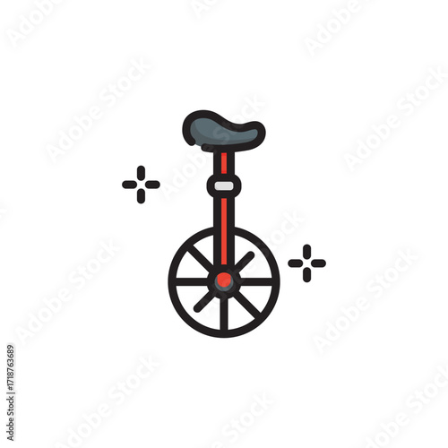 A cartoonstyle unicycle stands with sparkling starshaped accents. Icon vector illustration
