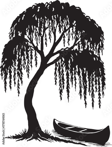 Vintage adventure silhouette of a lone willow tree with a canoe docked nearby evoking a sense of peaceful solitude on a clean white background isolated on white background