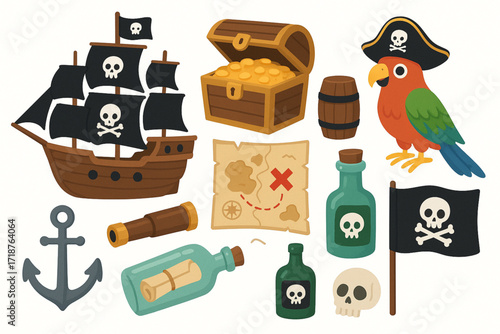 Cartoon Pirate Elements Collection with Ship, Treasure, and Accessories Illustration
