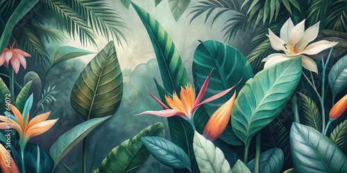 Wallpaper Mural Lush Tropical Jungle Floral Illustration with Bird of Paradise Flowers Torontodigital.ca