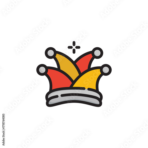A jester hat with red and yellow flaps adorned with balls at the tips and a grey base. Icon vector illustration