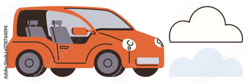 Orange car with visible interior and gray seats driving under clouds. Ideal for transportation, travel, eco-mobility, road trips, family vacation, urban commuting, modern design. Simple flat metaphor