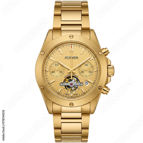 Luxury Gold Watch with Metal Bracelet, Top-Down Flat Lay, isolated png