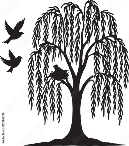Silhouette of a graceful willow tree with birds nesting and flying evoking retro nature harmony isolated on white background