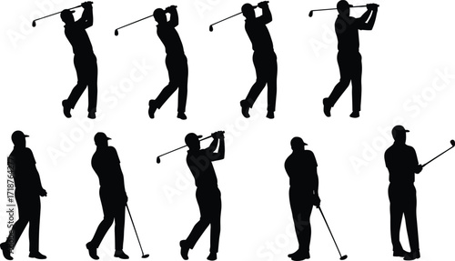 Golf player silhouette collection, professional golfer action pose, sports man swinging club, hitting ball, training practice, competition vector illustration design