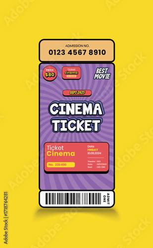 Cinema or movie ticket template featuring a realistic retro cinema design, classic front view layout, and detailed vector illustration perfect for posters, events, collectibles.