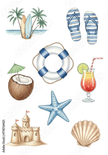 Vector illustration of illustration of summer beach vacation elements like coconut drink and sandcastle isolated