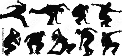Hip hop dance silhouettes, breakdance performers in street style, urban choreography moves, modern dancers freestyle performance, artistic vector illustration of culture