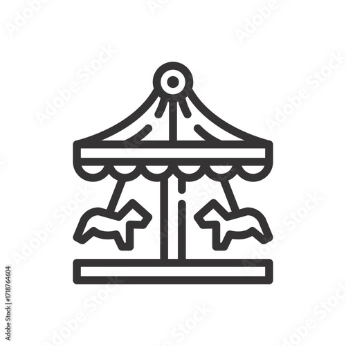 A simplified line drawing of a merrygoround with a peaked canopy posts horses and a base. Icon vector illustration