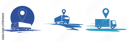 Three stylized graphics illustrate moving trucks with location markers, showcasing logistics and delivery services. They highlight transportation efficiency and tracking.