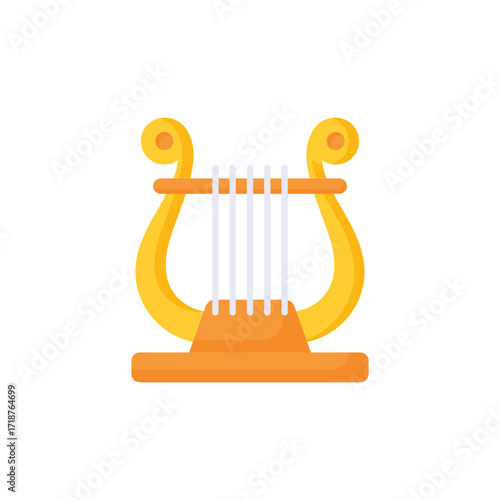 A stylized illustration of a lyre featuring a gold frame and white strings set. Icon vector illustration