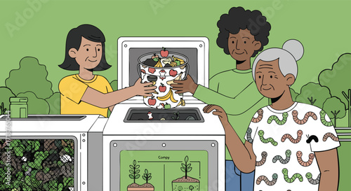 Three diverse women composting food waste organic recycling illustration sustainability environment garden green eco friendly earth