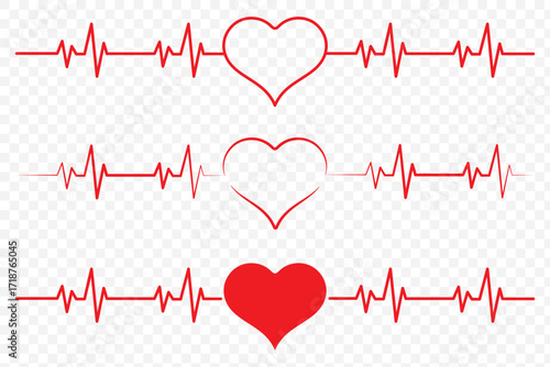 PrintRed heartbeat line icons on white background. Pulse Rate Monitor. Vector illustration.