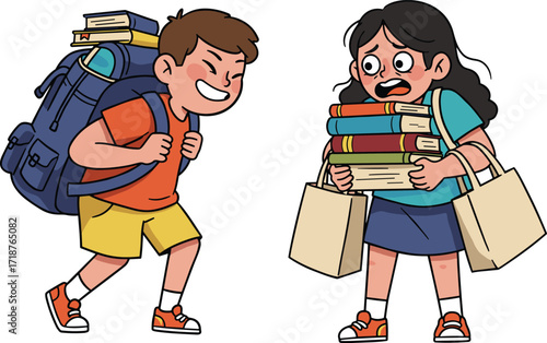 School kids carrying heavy books, boy with backpack, girl struggling with bags, education burden, student stress, cartoon illustration, learning challenges