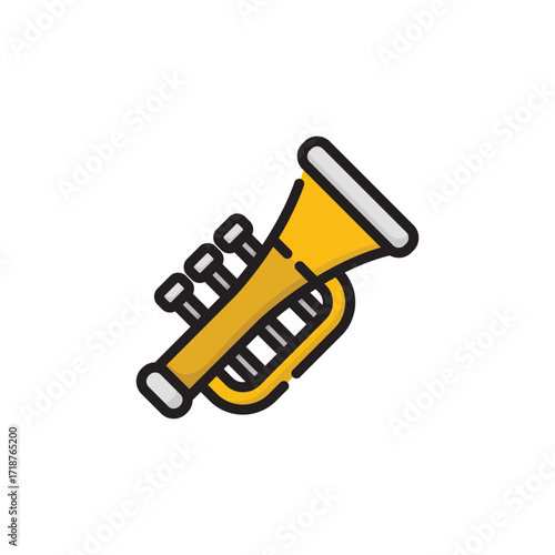 A yellow trumpet illustration with three valves and a distinct wide bell. Icon vector illustration