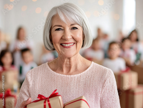 Smiling senior woman holding gift box, festive holiday atmosphere, joyful expression, white hair, pink sweater, blurred background