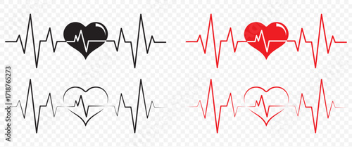 PrintRed heartbeat line icons on white background. Pulse Rate Monitor. Vector illustration.