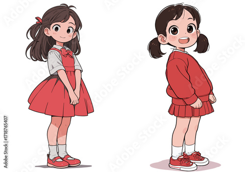 Two young girls are dressed in bright red clothes, one in a dress and the other in a sweater. They appear happy and playful, capturing a joyful atmosphere.