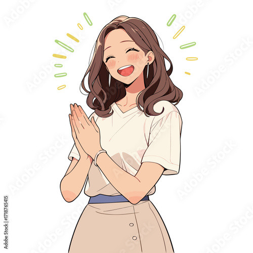 A cheerful woman is smiling brightly with her hands clasped together in a gesture of joy. Her hair is styled softly, and she wears a casual outfit.